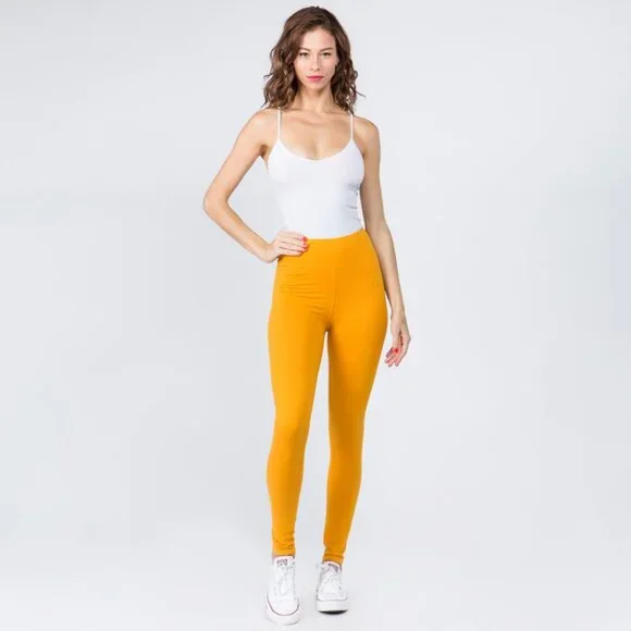 ❤️NWT BOUTIQUE MUSTARD COLOR Women's 3" Waistband Solid Peach Skin Leggings - Picture 2 of 4